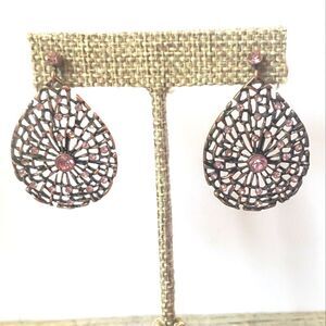 1928 French Hook Teardrop Filigree Earrings Web Design Pink & Copper